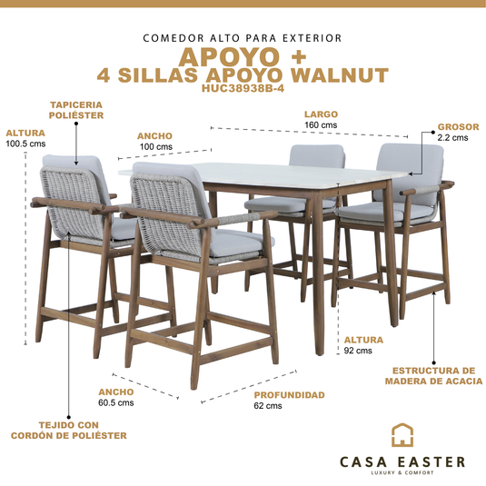 Comedor alto de Madera Apoyo 1.6M con 4 sillas Apoyo - HUC38938B-4