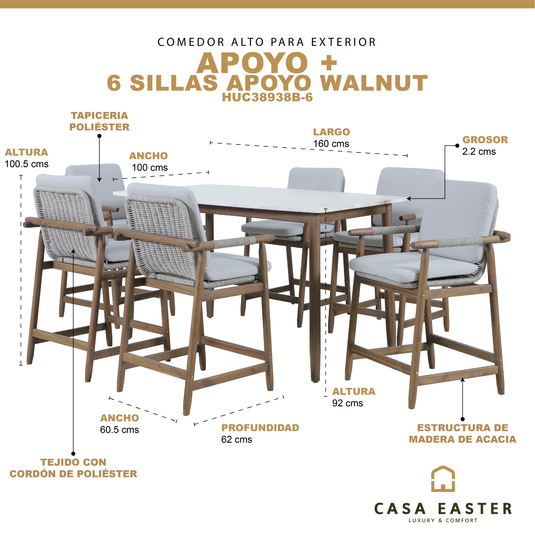 Comedor alto de Madera Apoyo 1.6M con 6 sillas Apoyo - HUC38938B-6