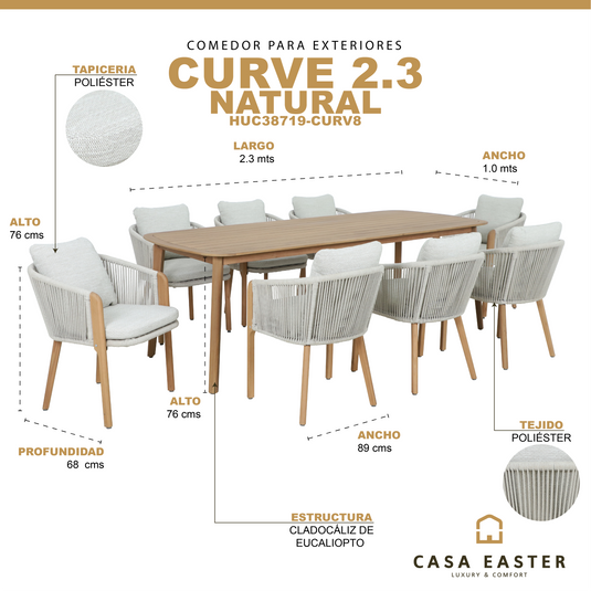 Comedor Curve 2.3M + 8 silla Curve color natural - HUC38719-CURV8