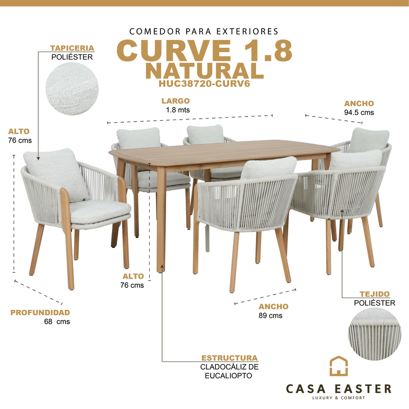 Cargue la imagen en el visor de la galería, Comedor Curve 1.8M + 6 silla Curve color natural - HUC38720-CURV6
