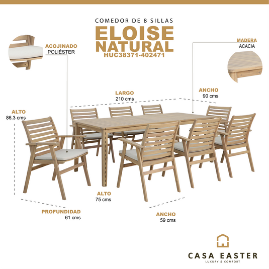 Comedor de madera Eloise 2.1M + 8 sillas eloise HUC402471 color natural - HUC38371-402471