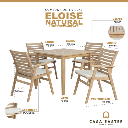 Comedor de madera Eloise 90 CM + 4 sillas eloise  HUC402471 color natural - HUC32892-402471