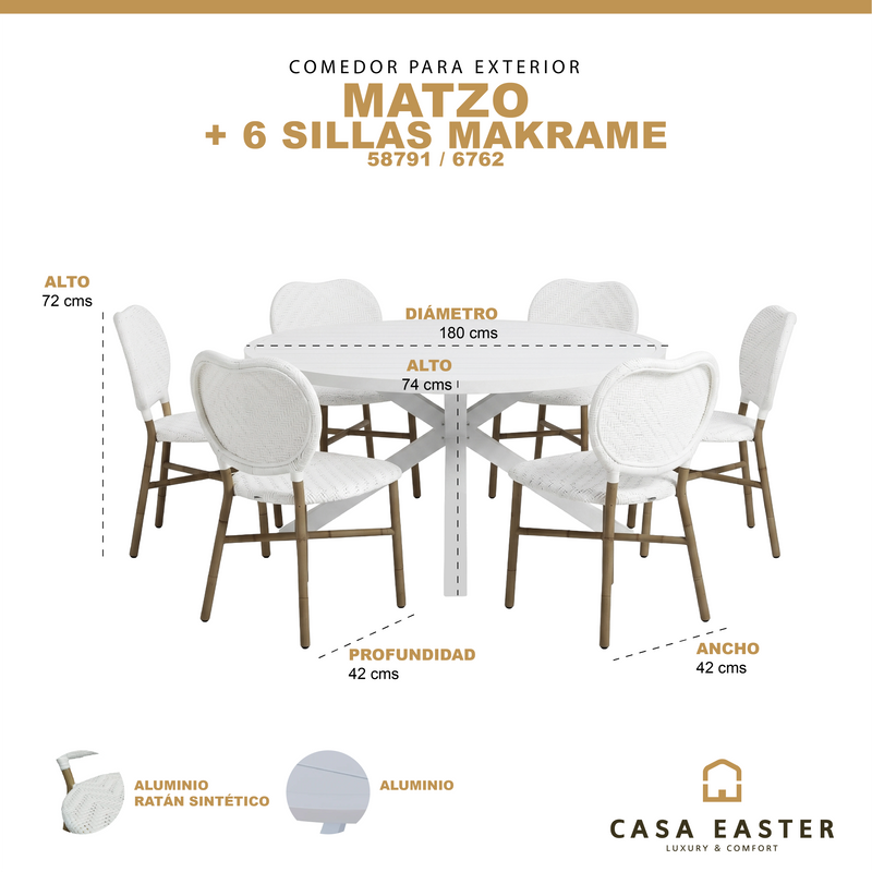 Cargue la imagen en el visor de la galería, Comedor redondo para exterior Matzo white + 6 sillas Makrame 6762 white - 58791 / 6762
