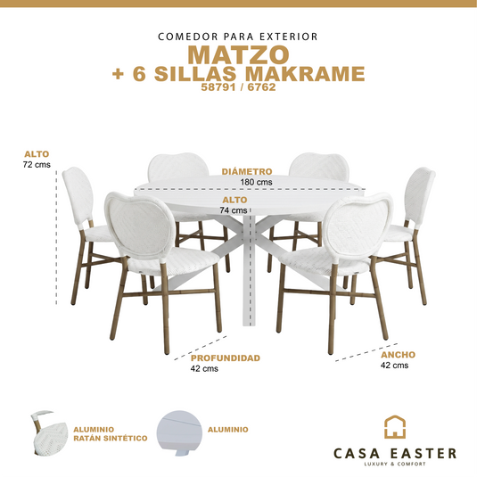 Comedor redondo para exterior Matzo white + 6 sillas Makrame 6762 white - 58791 / 6762