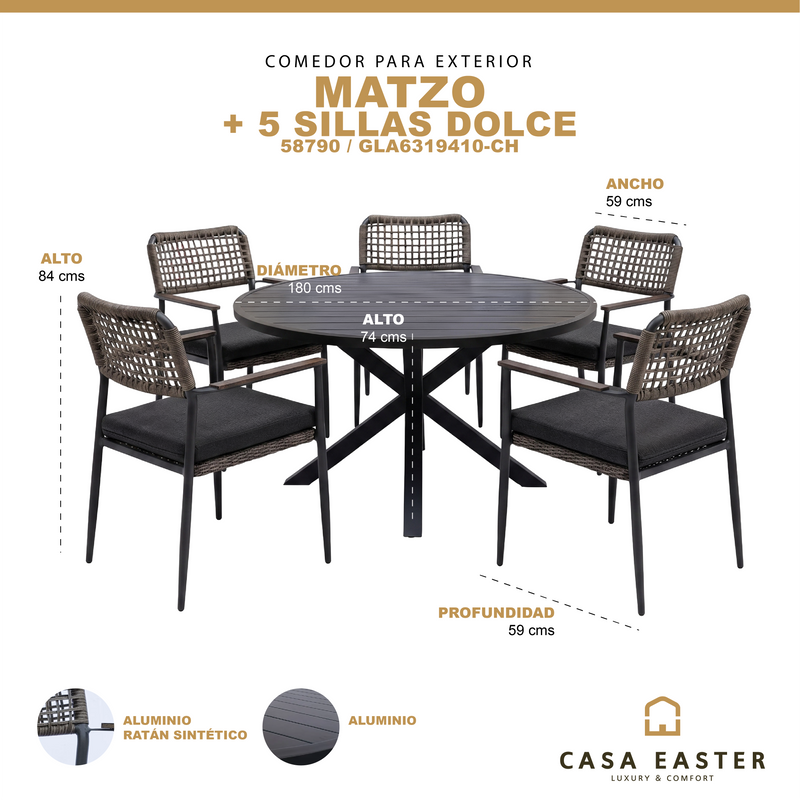 Cargue la imagen en el visor de la galería, Comedor redondo de Exterior Matzo black + 5 sillas Dolce carbón - 58790 / GLA6319410-CH
