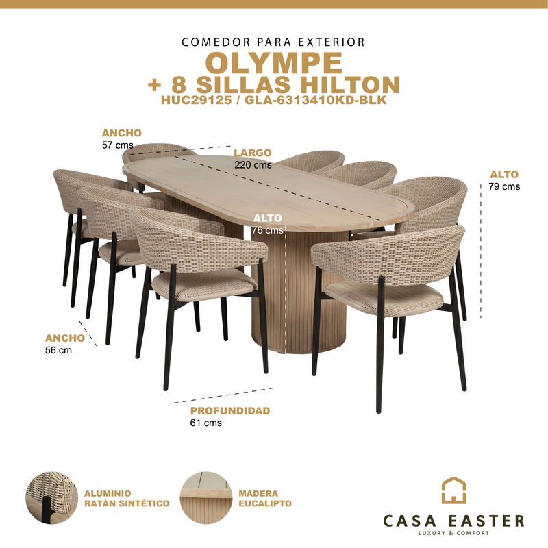 Cargue la imagen en el visor de la galería, Comedor Olympe 2.2M + 8 sillas Hilton black - HUC29125 / GLA-6313410KD-BLK
