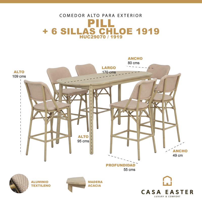 Load image into Gallery viewer, Comedor alto Pill 1.7M + 6 sillas Chloe 1919 para exterior - HUC29070 / 1919
