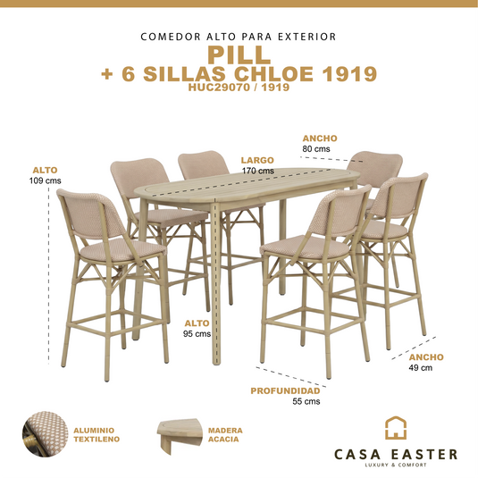 Comedor alto Pill 1.7M + 6 sillas Chloe 1919 para exterior - HUC29070 / 1919
