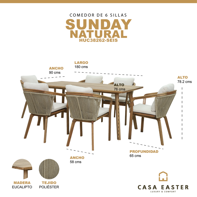 Cargue la imagen en el visor de la galería, Comedor Sunday 1.8 M + 6 sillas Sunday color natural - HUC38262-SEIS
