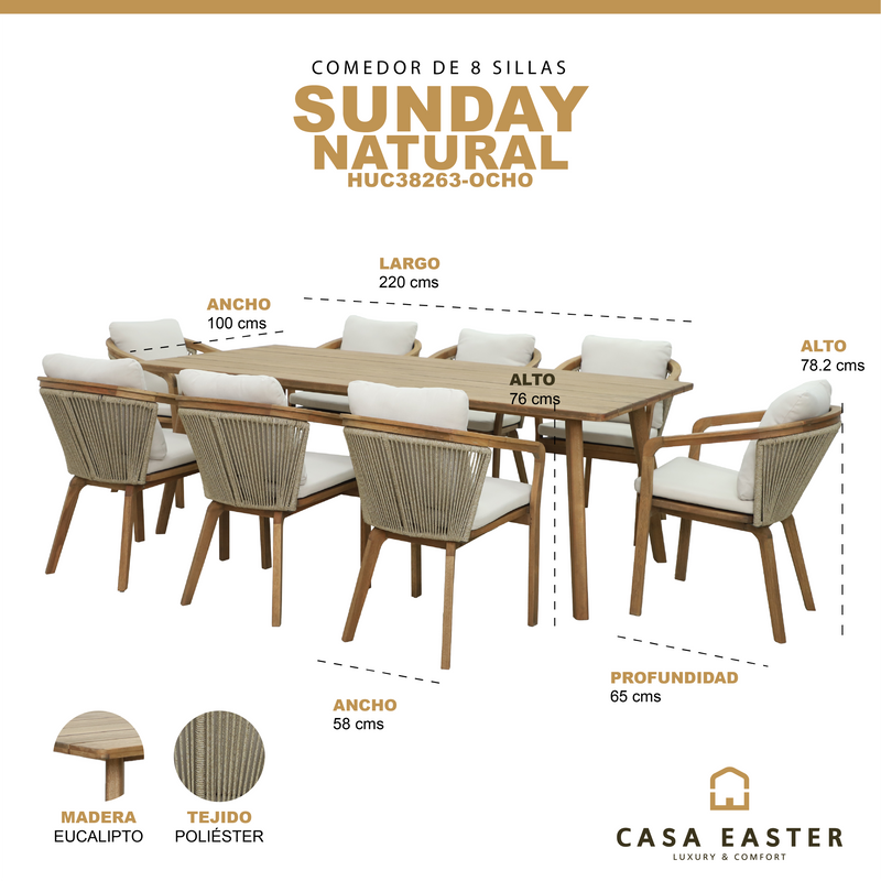 Cargue la imagen en el visor de la galería, Comedor Sunday 2.2 M + 8 sillas Sunday color natural - HUC38263-OCHO
