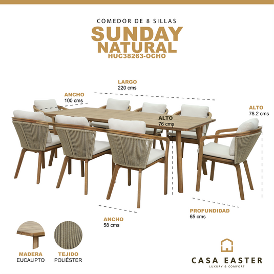 Comedor Sunday 2.2 M + 8 sillas Sunday color natural - HUC38263-OCHO