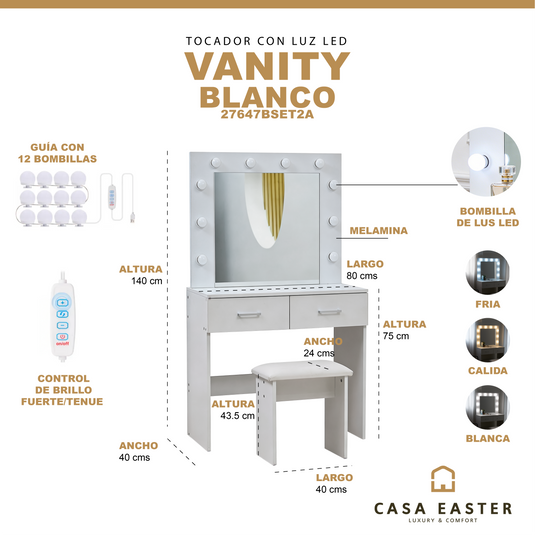 Tocador Vanity con 12 bombilla color blanco 3 tonos de luz led - 27647BSET2A