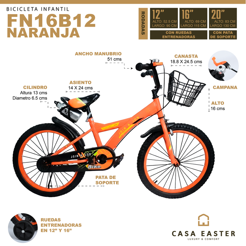 Cargue la imagen en el visor de la galería, Bicicleta de 16&quot; FN16B12 color Naranja - FN16B1216-NA
