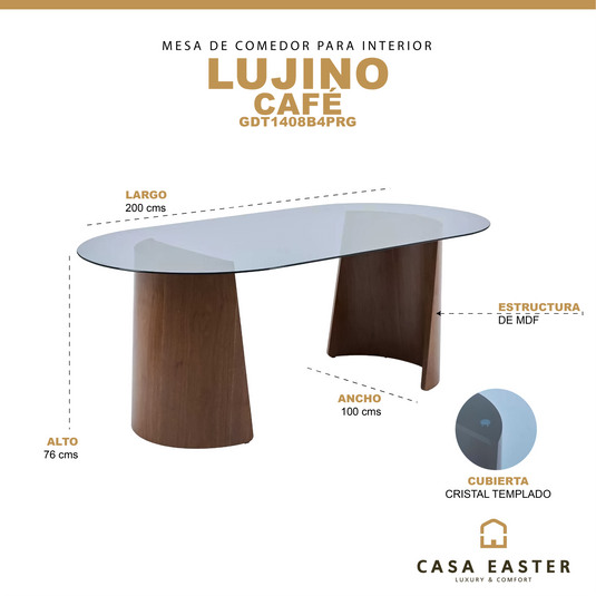 Mesa de comedor de interior 2M Lujino con cubierta de cristal, color brown  - GDT1408B4PRG