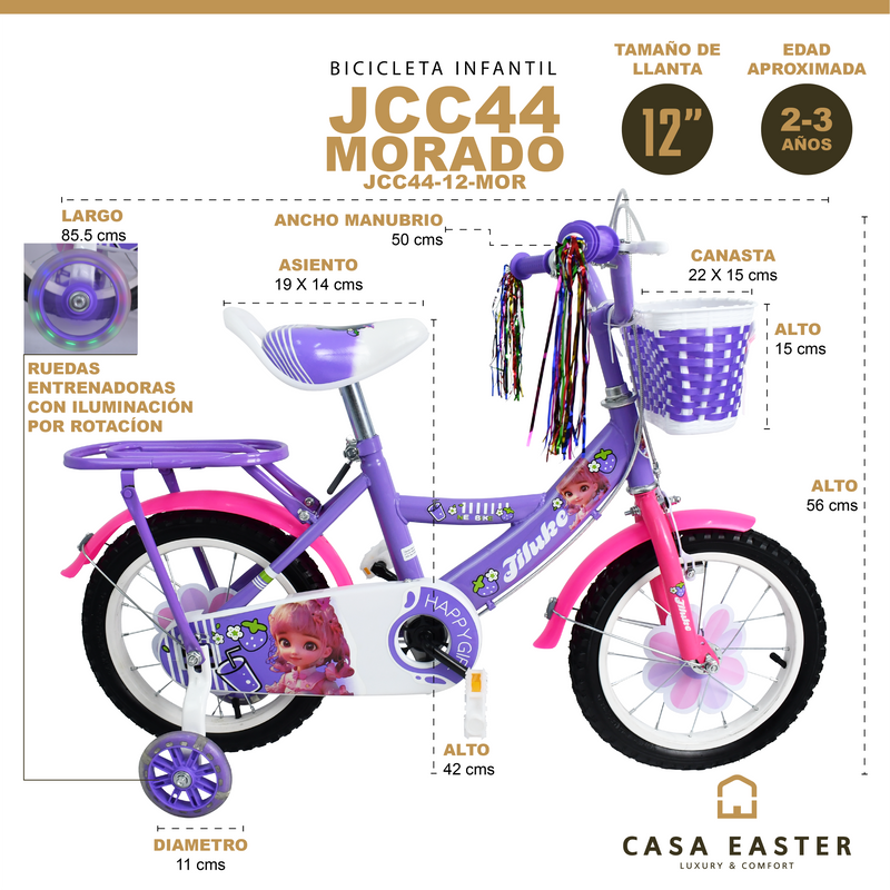 Cargue la imagen en el visor de la galería, Bicicleta Infantil de 12" JCC44-12 color Morado - JCC44-12-MOR
