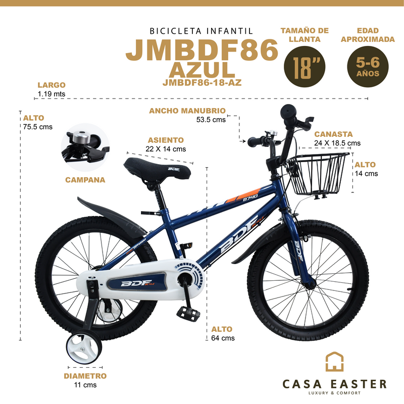 Cargue la imagen en el visor de la galería, Bicicleta Infantil de 18&quot; JMBDF86-18 color Azul - JMBDF8618-AZ
