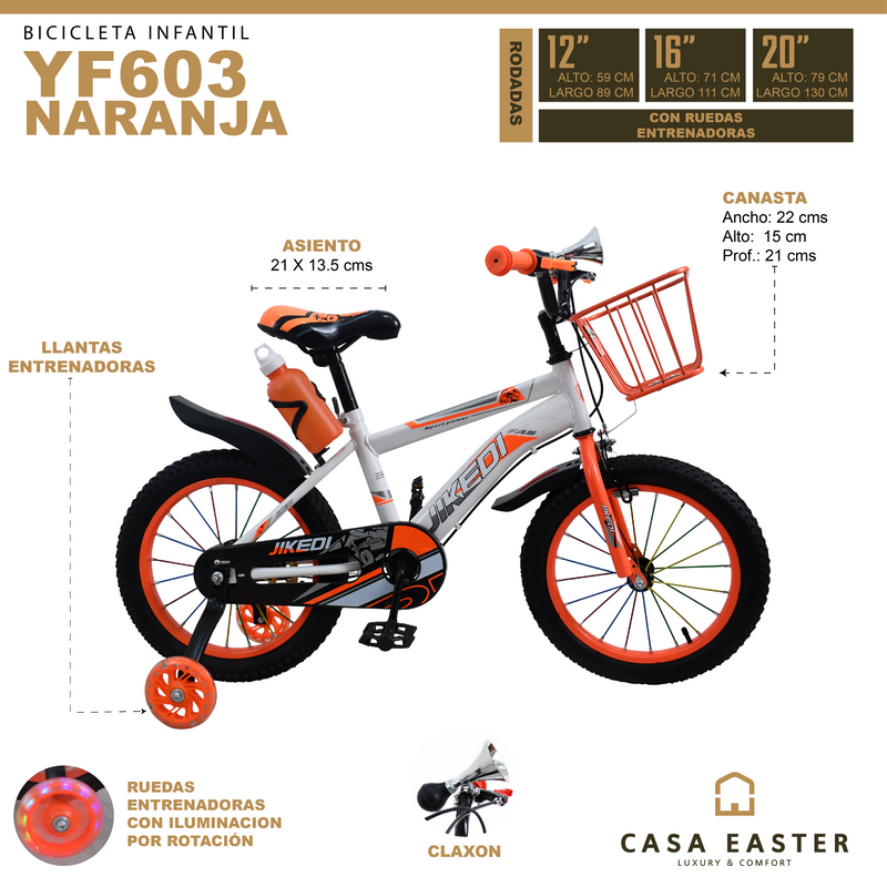 Cargue la imagen en el visor de la galería, Bicicleta Infantil de 16" YF603 color Naranja - 16YF603-NA
