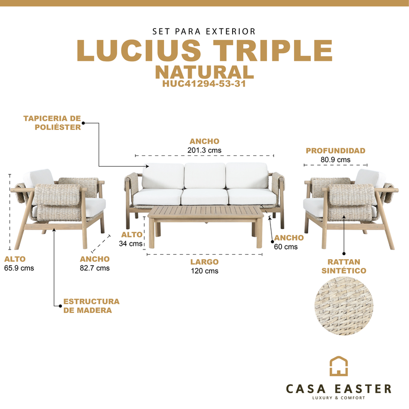Load image into Gallery viewer, Set triple de madera Licius con mesa de centro, para exterior color natural - HUC 41294-53-31
