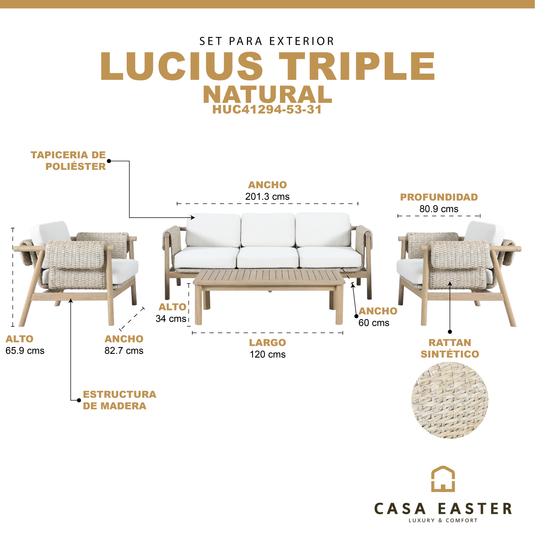 Set triple de madera Licius con mesa de centro, para exterior color natural - HUC 41294-53-31