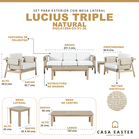 Set triple de madera Licius con mesa de centro y mesa bistro para exterior color natural - HUC41294-53-31-36