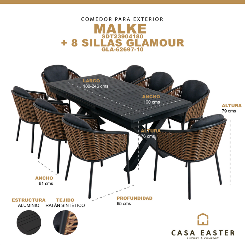 Load image into Gallery viewer, Comedor expandible Malke + 8 sillas Glamour, para exterior, color carbón - MALK-GLAM8
