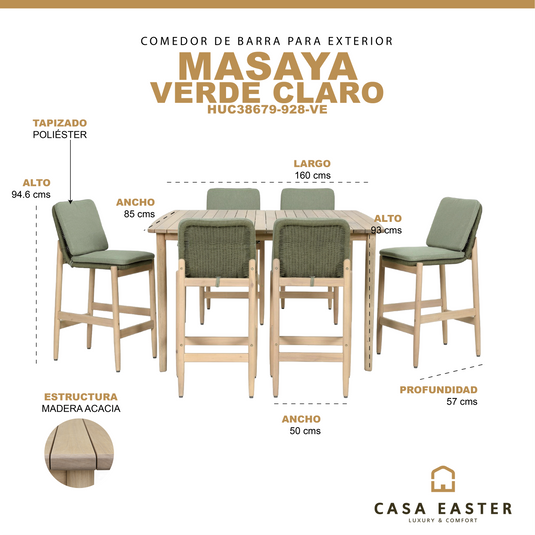Comedor alto MASAYA 1.6M + 6 sillas Masaya color verde claro - HUC38679-928-VE