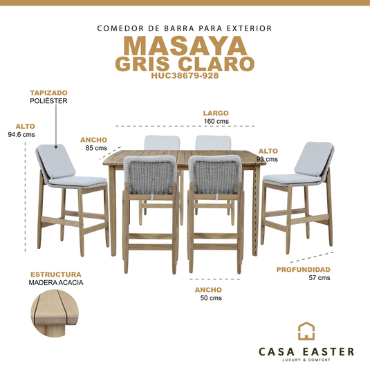 Comedor alto MASAYA 1.6M + 6 sillas Masaya color gris claro - HUC38679-928
