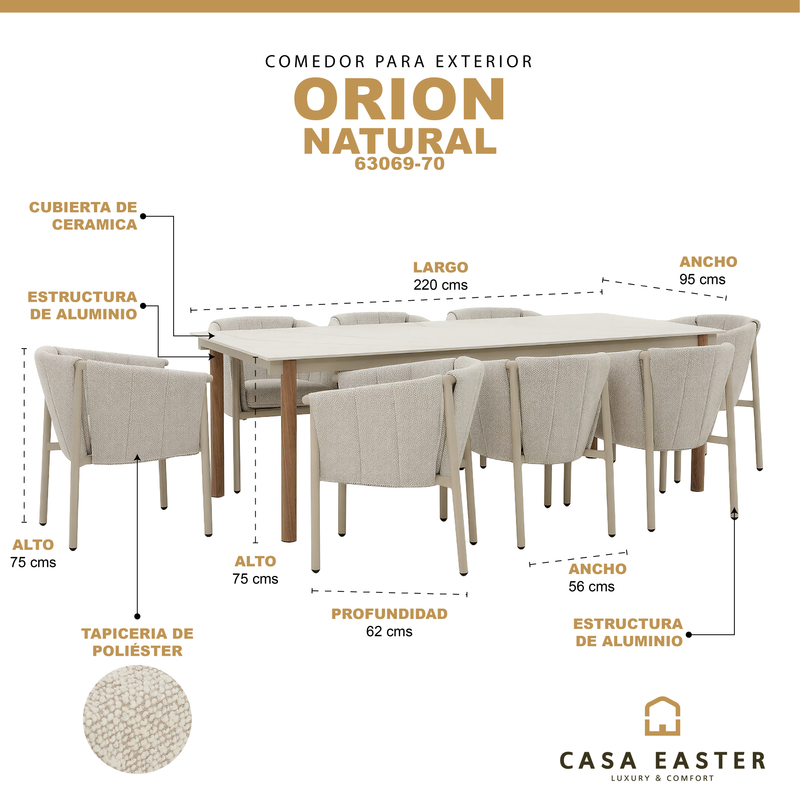Cargue la imagen en el visor de la galería, Comedor de exterior con 8 sillas Orion 2.2M, de aluminio color natural - 63069-70
