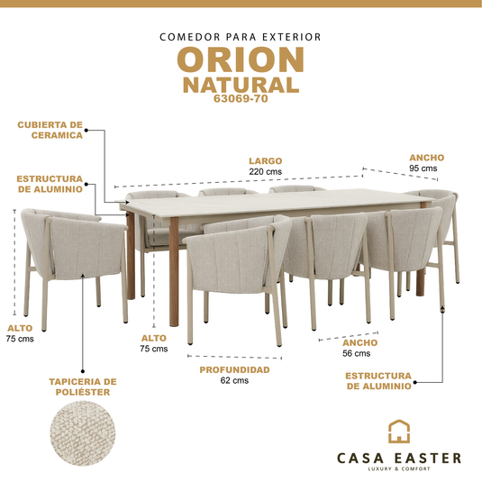 Comedor de exterior con 8 sillas Orion 2.2M, de aluminio color natural - 63069-70