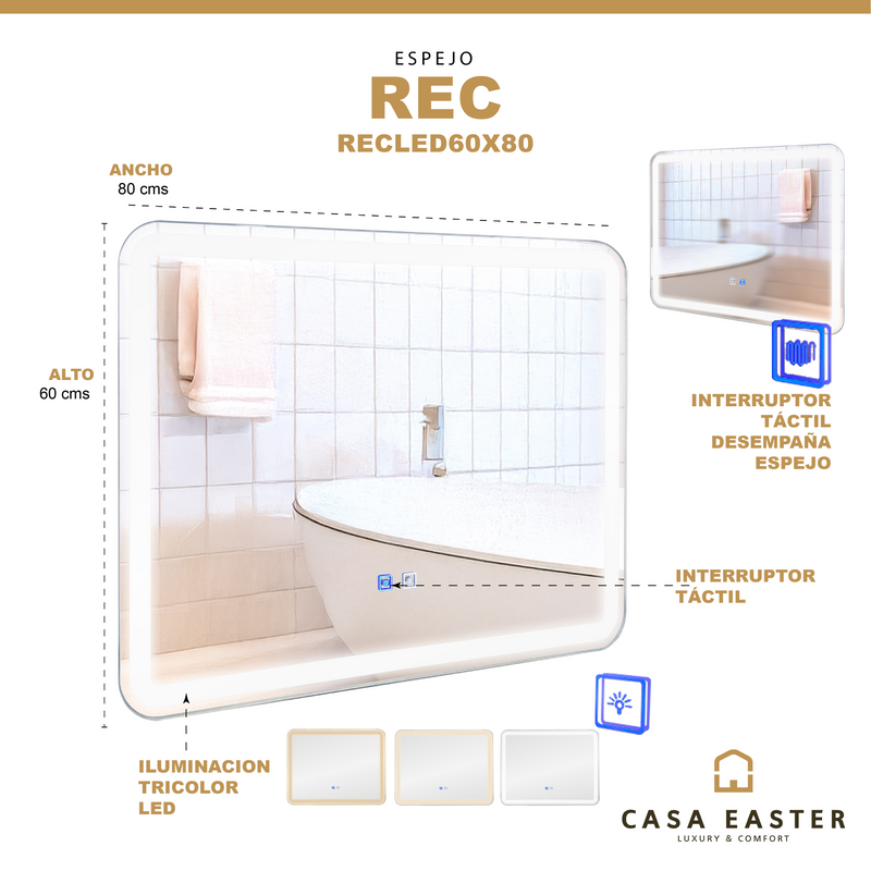 Cargue la imagen en el visor de la galería, Espejo decorativo rectangular REC-LED 80X60 - RECLED80X60
