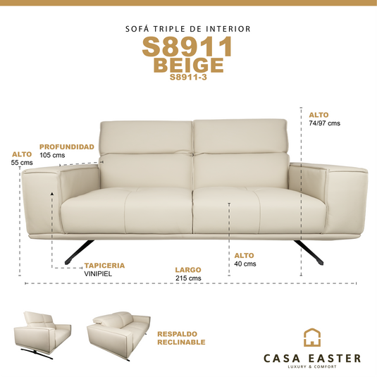 Sofá de interior triple color beige con respaldo reclinable - S8911-3