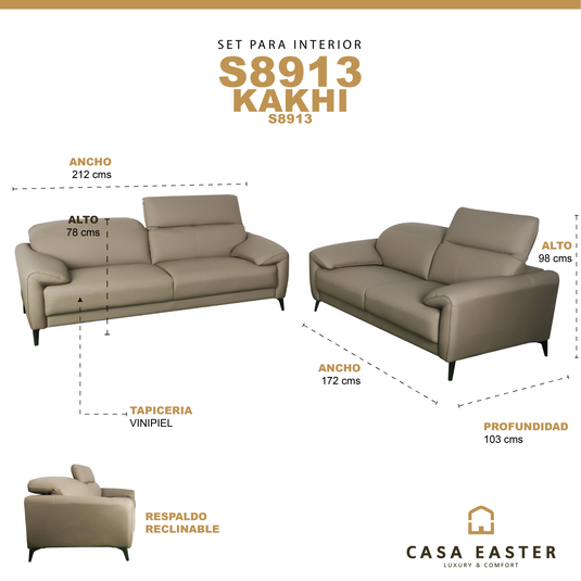 Set duo de interior sofá triple + sofá doble S8913 con vinipiel color Kaki - S8913-KAKI