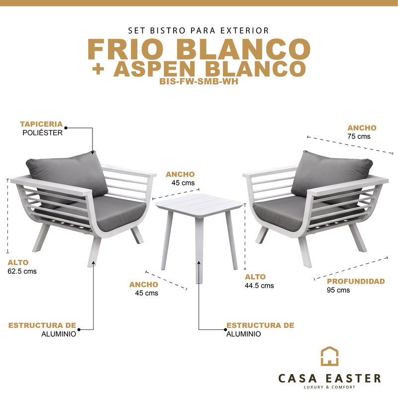 Load image into Gallery viewer, Set frio bistro sin reposabrazos + mesa bistro Aspen, para exterior, color blanco - BIS-FW-SMB-WH
