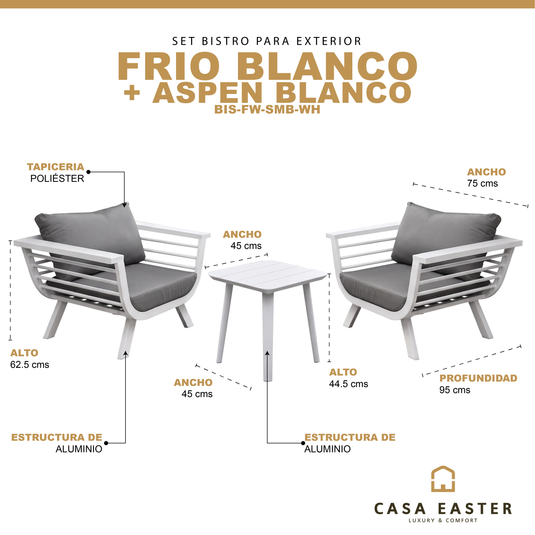Set frio bistro sin reposabrazos + mesa bistro Aspen, para exterior, color blanco - BIS-FW-SMB-WH
