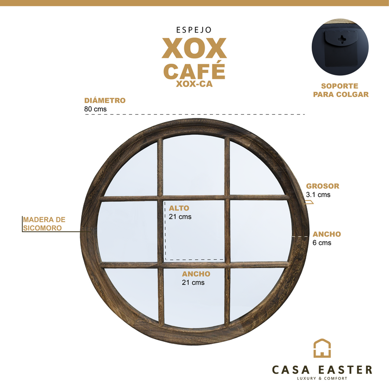 Cargue la imagen en el visor de la galería, Espejo Decorativo tipo ventana XOX color café Diám. 80 cms -XOX-CA
