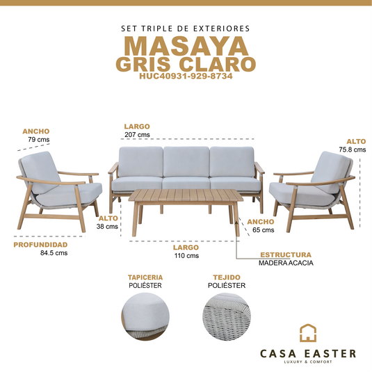 Set triple de madera Masaya color gris claro - HUC40931-929-8734