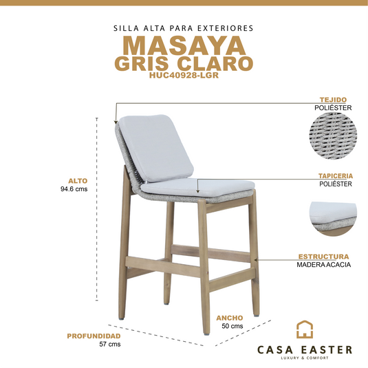 Silla Alta de madera MASAYA color gris claro - HUC40928-LGR