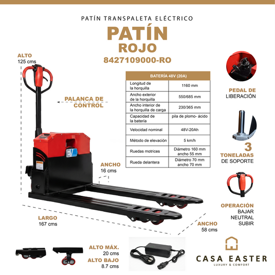 Patín Transpaleta Eléctrica de carga pesada 3 toneladas color Rojo - 8427109000-RO