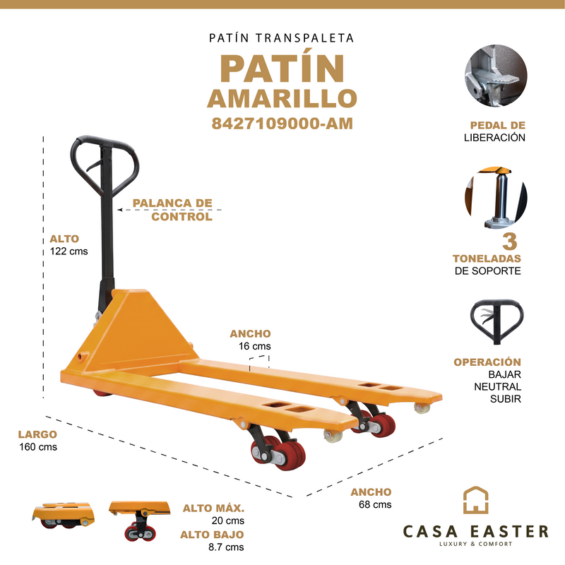 Cargue la imagen en el visor de la galería, Patín Transpaleta con ruedas de carga pesada 3000kg color Amarillo - 8427109000-AM
