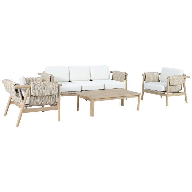 Load image into Gallery viewer, Set triple de madera Licius con mesa de centro, para exterior color natural - HUC 41294-53-31
