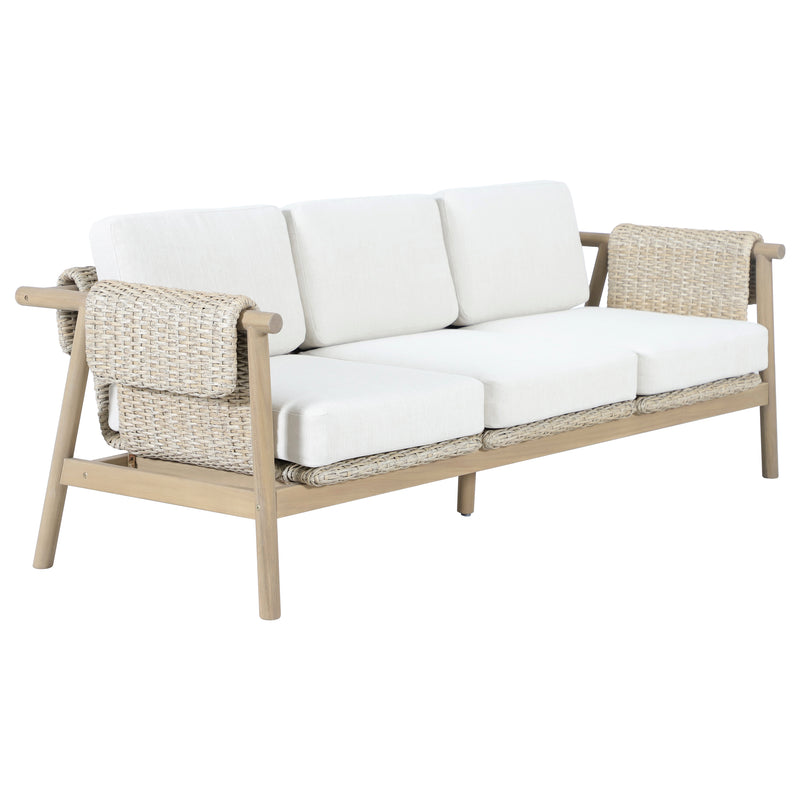 Load image into Gallery viewer, Set triple de madera Licius con mesa de centro, para exterior color natural - HUC 41294-53-31
