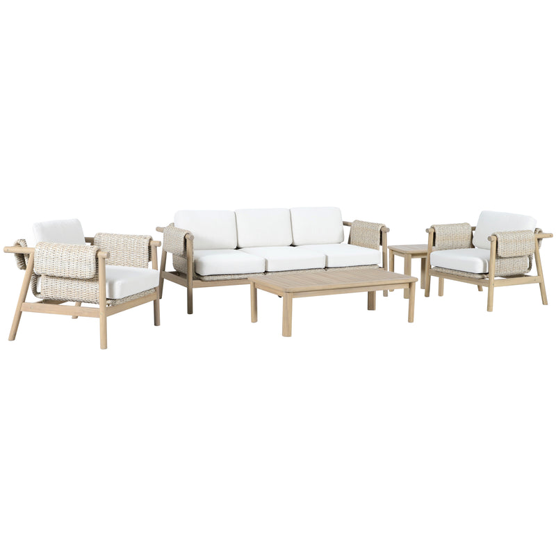 Load image into Gallery viewer, Set triple de madera Licius con mesa de centro y mesa bistro para exterior color natural - HUC41294-53-31-36
