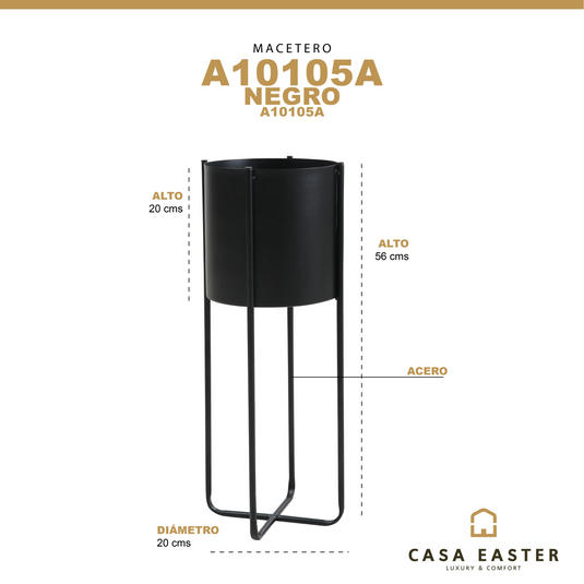 Macetero aluminio alto redondo- Negro  A10105A CasaEaster