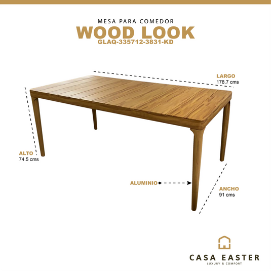 Mesa de Comedor para interior y exterior de Aluminio Color Madera WOOD LOOK-GLAQ-335712-3831-KD CasaEaster