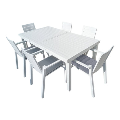 Comedor de Aluminio expandible  Nikola blanco 1.8 M / 2.4 M+ 6 sillas Swiss blancas