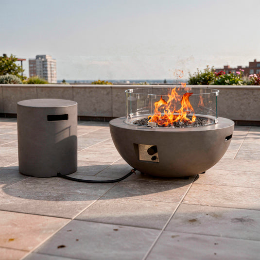 Set Fogata en medio circulo de exterior de gas LP color gris oscuro con tapa de gas LP y parabrisas - PDF132B-045-17B