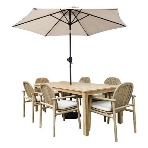 Comedor para exterior Sage con Sombrilla Blum taupe + base ovadia + 6 sillas Pill