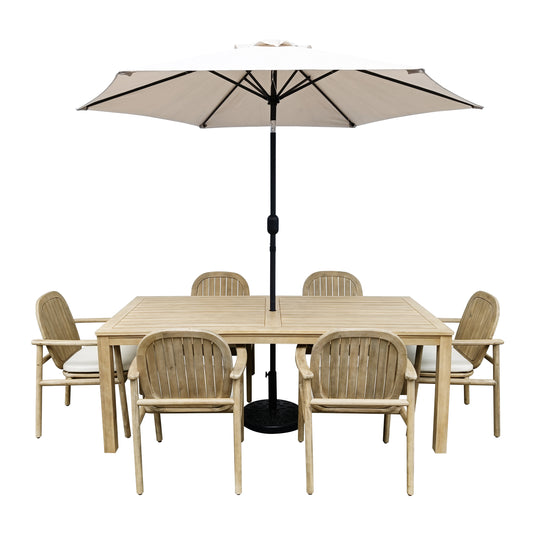 Comedor para exterior Sage con Sombrilla Blum taupe + base ovadia + 6 sillas Pill