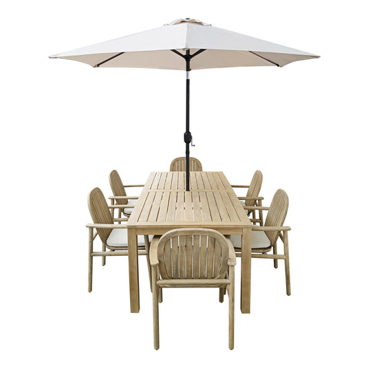 Comedor para exterior Sage con Sombrilla Blum taupe + base ovadia + 6 sillas Pill