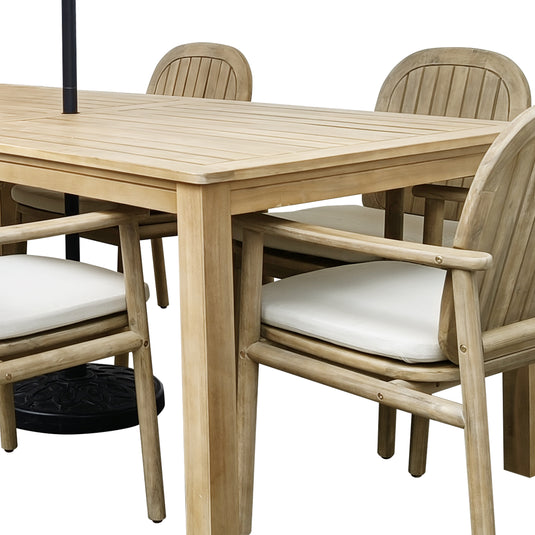 Comedor para exterior Sage con Sombrilla Blum taupe + base ovadia + 6 sillas Pill